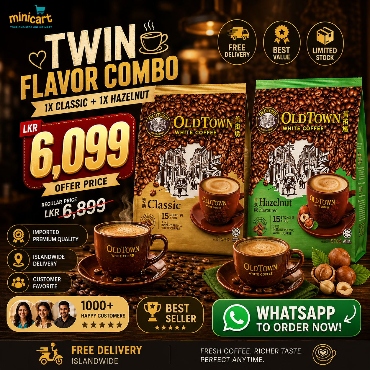 OLDTOWN 3-in-1 Instant White Coffee – Classic & Hazelnut
