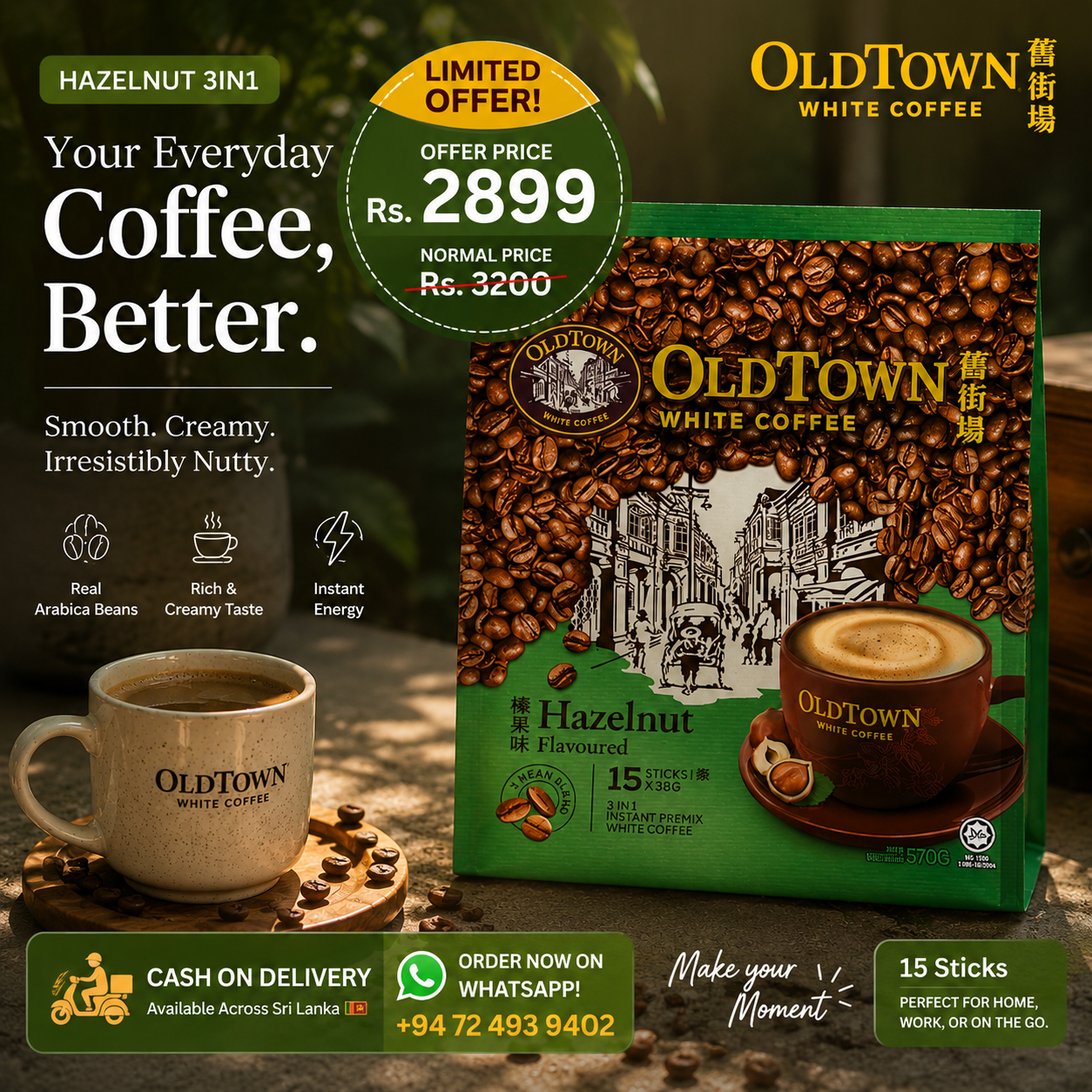 OLDTOWN 3-in-1 Instant White Coffee – Classic & Hazelnut
