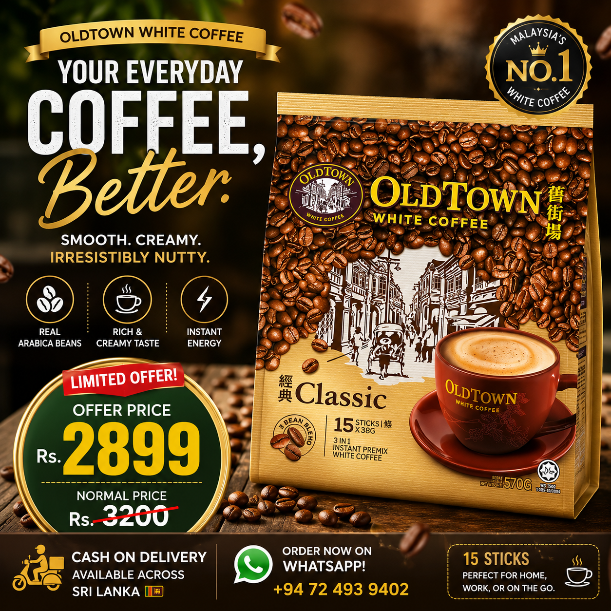 OLDTOWN 3-in-1 Instant White Coffee – Classic & Hazelnut